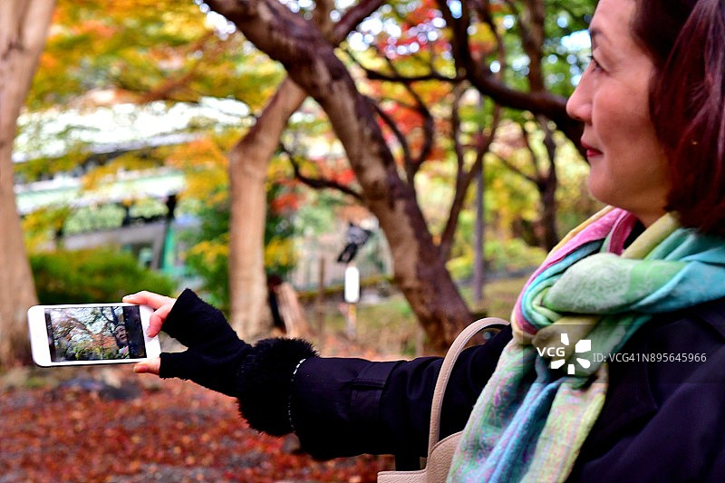 日本女子在京都秋叶中自拍图片素材