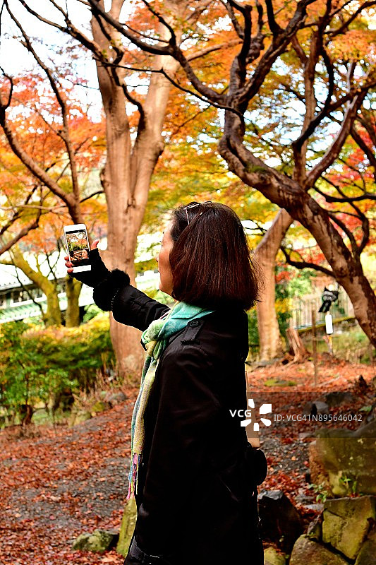 日本女子在京都秋叶中自拍图片素材