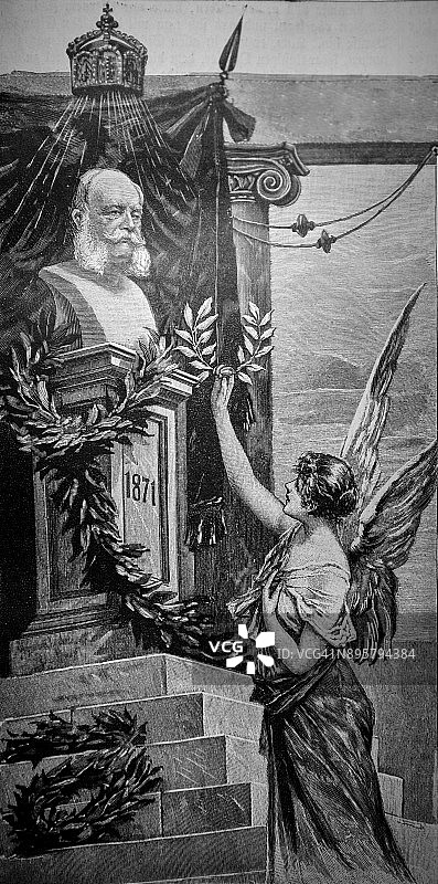 女性天使向皇帝雕塑献上桂冠 - 1896年图片素材