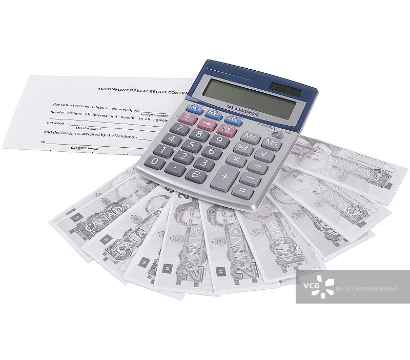 计算器、钱和合同图片素材