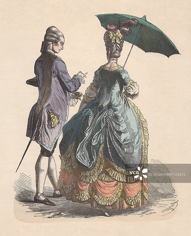 贵族时尚，洛可可时代(约1780年)，手工着色木刻，约1880年出版图片素材