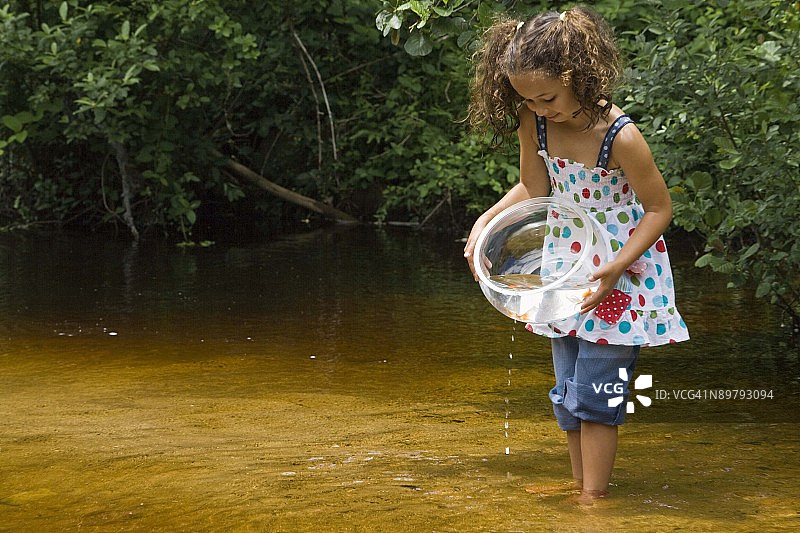 女孩将金鱼从鱼缸放出图片素材