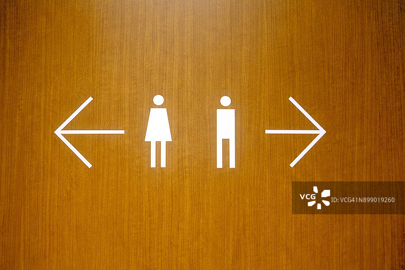 女士向左，男士向右。木墙上的卫生间指示图片素材