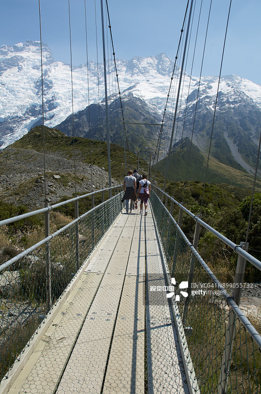 徒步旅行者在塞夫顿山和毗邻的雪山前穿过吊桥图片素材
