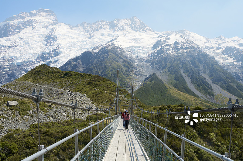 徒步旅行者在塞夫顿山和毗邻的雪山前穿过吊桥图片素材