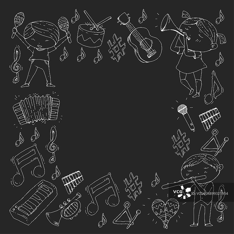 音乐学校音乐剧幼儿园儿童乐器：鼓、长笛、手风琴、小号、钢琴音乐表演和学龄儿童管弦乐队图片素材