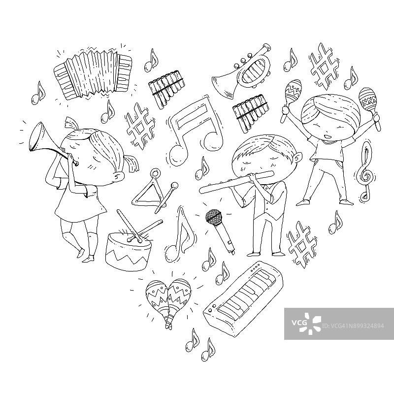 音乐学校音乐剧幼儿园儿童乐器：鼓、长笛、手风琴、小号、钢琴音乐表演和学龄儿童管弦乐队图片素材