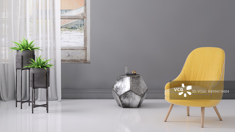 粉彩色扶手椅与咖啡桌、窗户和空白墙壁模板图片素材