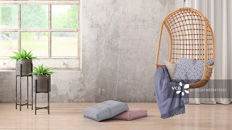 带吊椅和空白墙模板的现代时尚室内设计图片素材