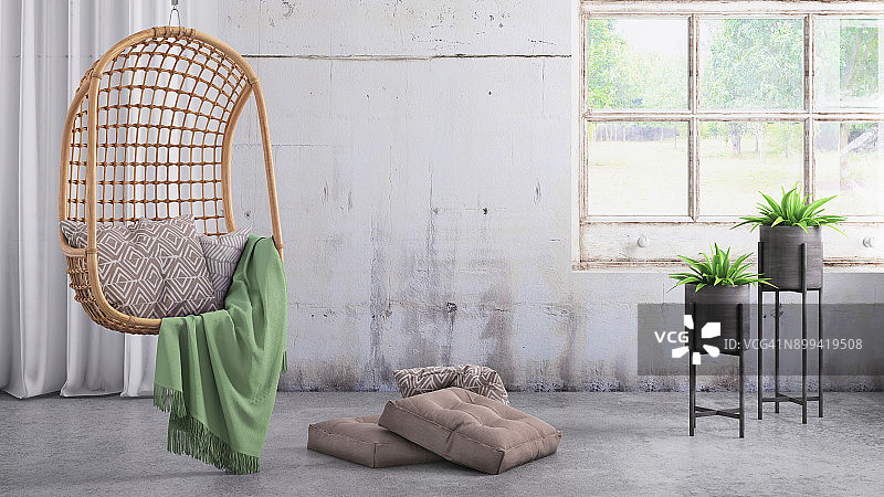带吊椅和空白墙模板的现代时尚室内设计图片素材
