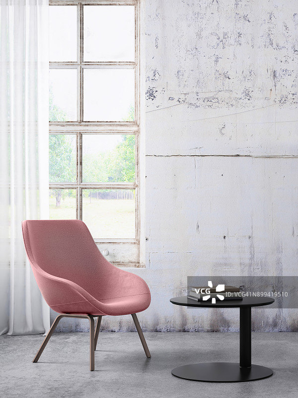 椅子、咖啡桌与窗帘，空白墙模板图片素材