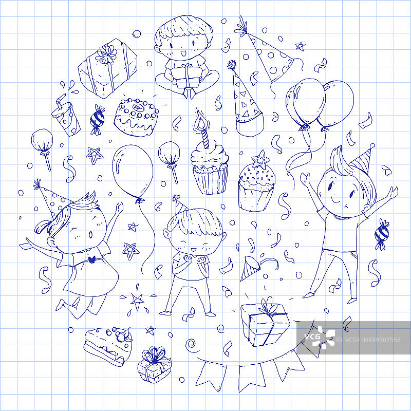 幼儿园儿童生日派对，孩子们画的派对邀请函，有男孩和女孩、糖果和气球、礼物图片素材