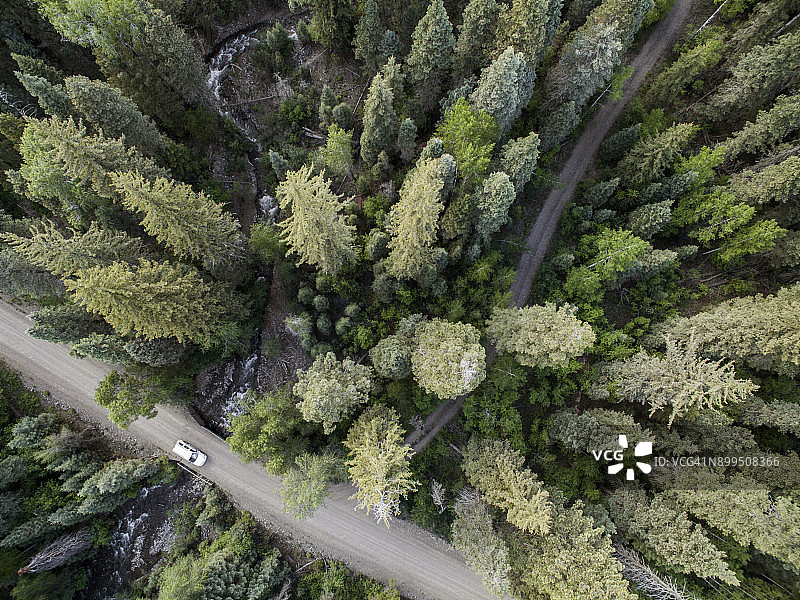 美国科罗拉多州帕戈萨斯普林斯，圣胡安国家森林和土路的鸟瞰图图片素材