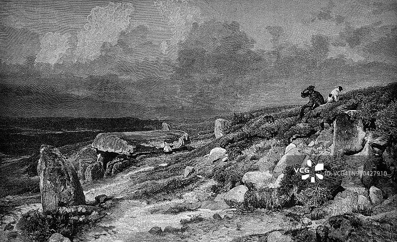 1896年，有男人和狗的海岸风光图片素材