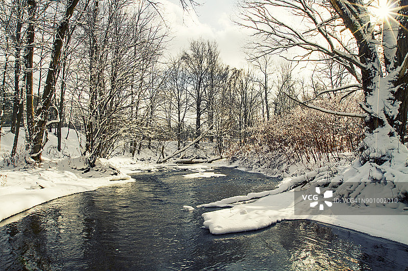 寒冷冬日里清澈的冬季溪流图片素材