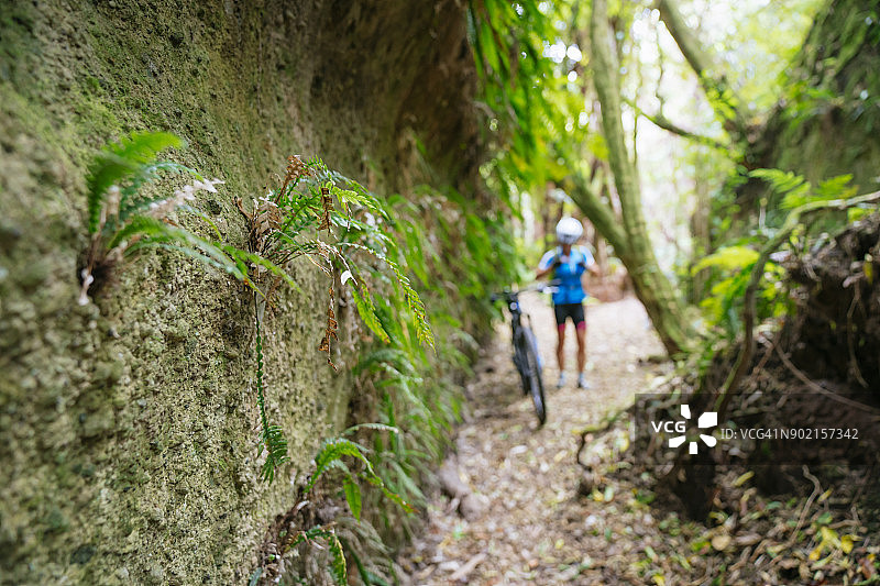 一位女士在 Great Lake Trail 骑山地自行车图片素材