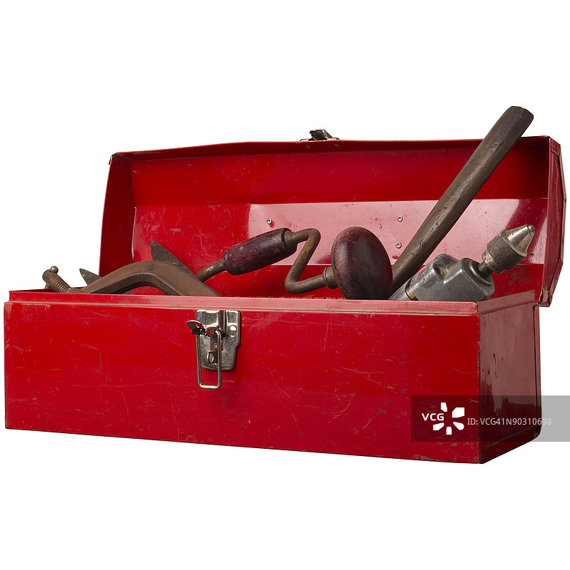 生锈的工具在红色工具箱里图片素材