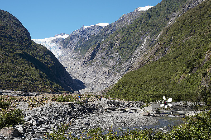 在霍基蒂卡峡谷，弗朗兹·约瑟夫冰川下的徒步旅行者图片素材