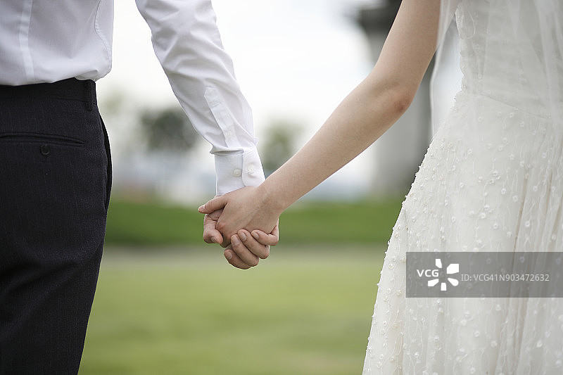 新娘和新郎站在草地上的手部局部照片图片素材