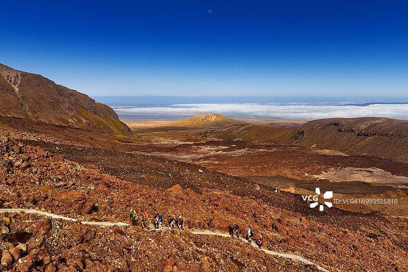 徒步者攀登汤加里罗高山步道，新西兰北岛图片素材