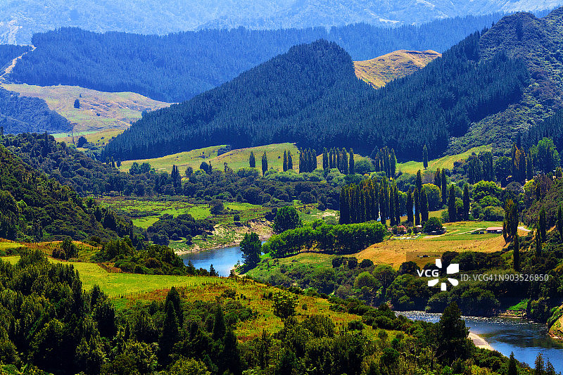 夏季新西兰北岛旺加努伊河谷俯瞰图片素材