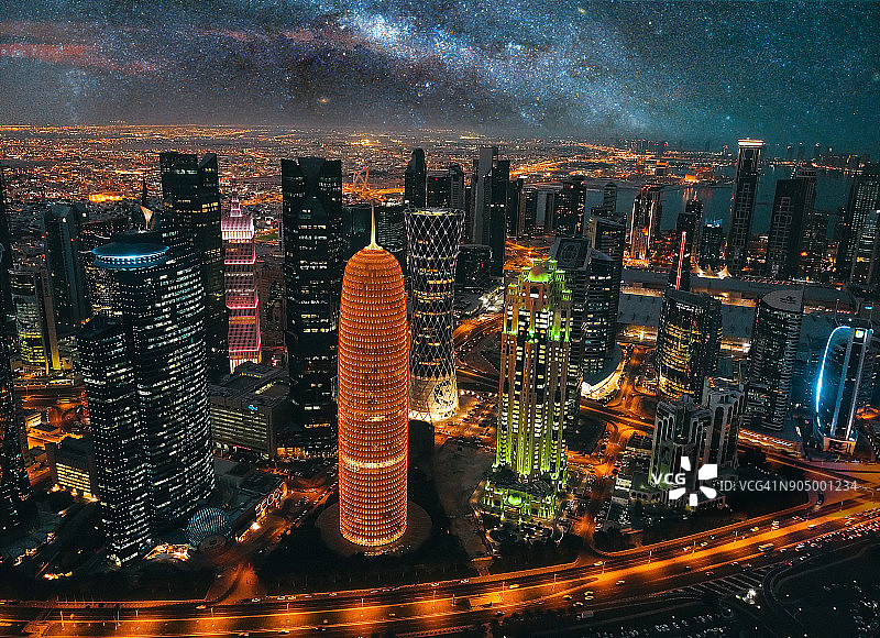 夜幕下的卡塔尔多哈天际线鸟瞰图片素材