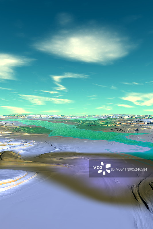 外星人的星球。山和水。三维渲染图片素材