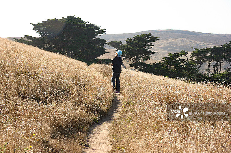 美丽女人站在田野的小路上，仰望天空图片素材