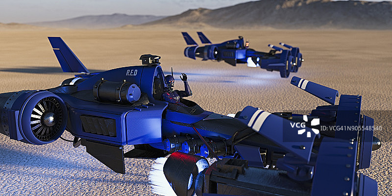 沙漠中飞行的未来车辆图片素材