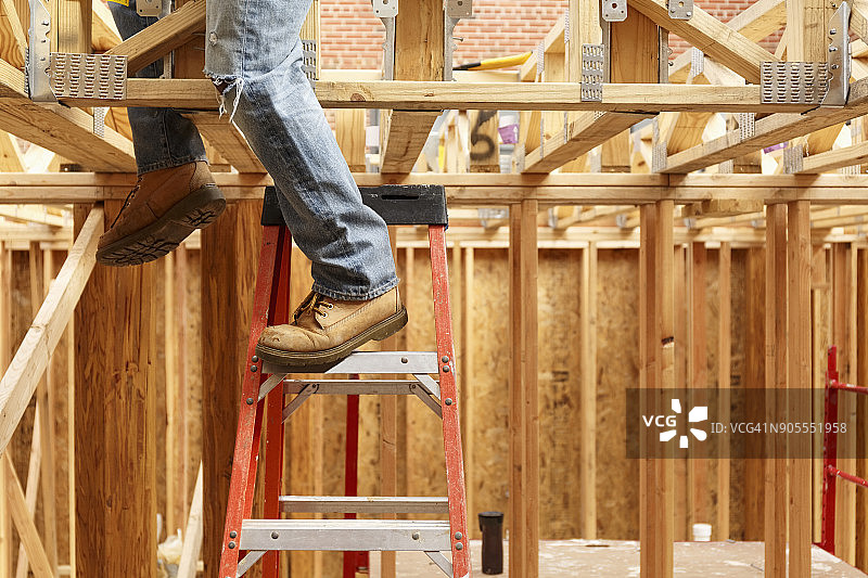 建筑工地梯子上黑人男人的腿图片素材