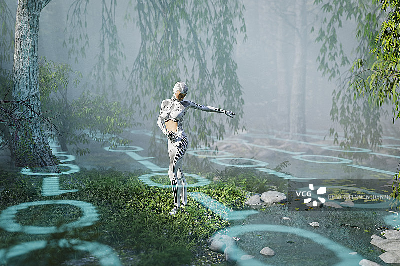 站在二进制代码森林中的半机械女人图片素材