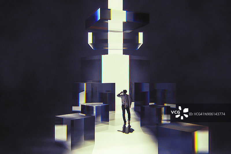 在抽象玻璃立方体中行走的商人图片素材