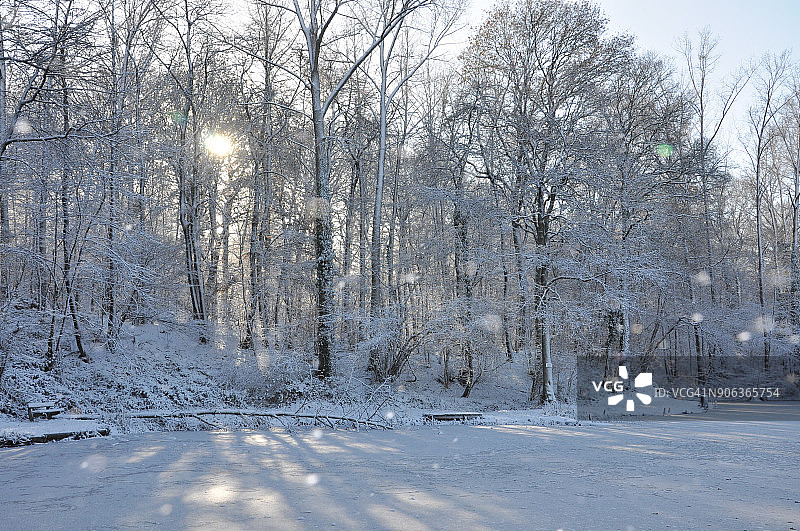 白色景观：乡村雪地池塘图片素材