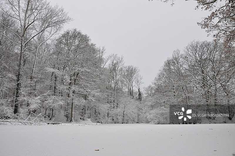 白色景观：乡村雪地池塘图片素材