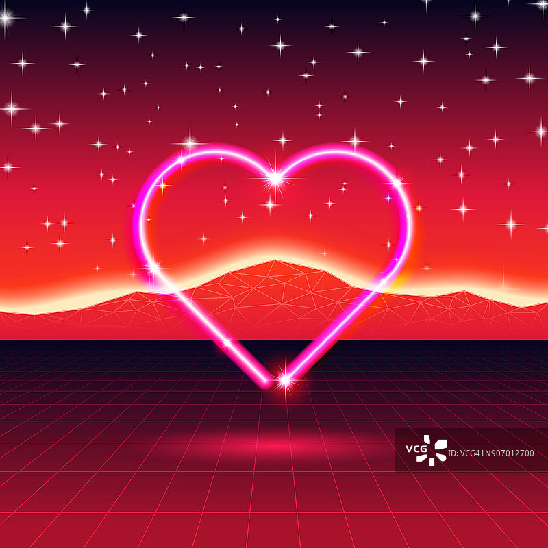 80年代风格复古未来主义卡片，电脑世界中的霓虹灯心图片素材