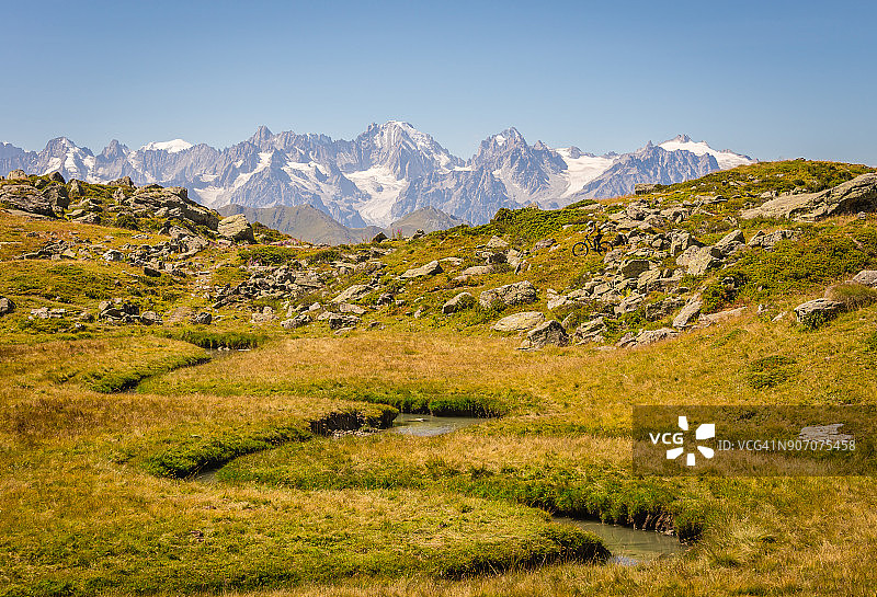 瑞士山区阿尔卑斯牧场的河流图片素材