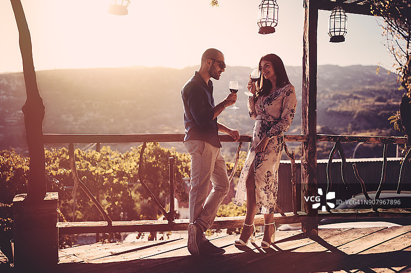 优雅的夫妇在法国乡村酒庄品尝红酒图片素材