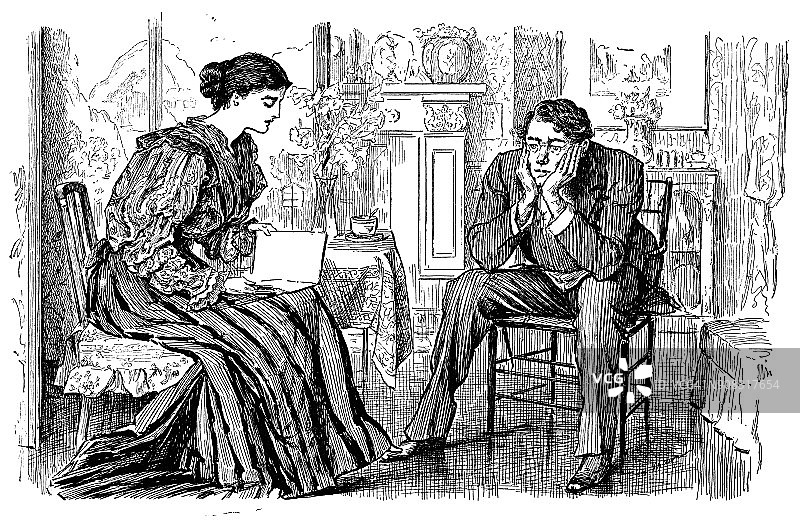 维多利亚时期：阅读的妻子与思考的丈夫图片素材