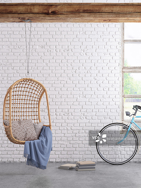 现代时尚室内设计，吊椅、窗户和带复制区的窗帘墙图片素材