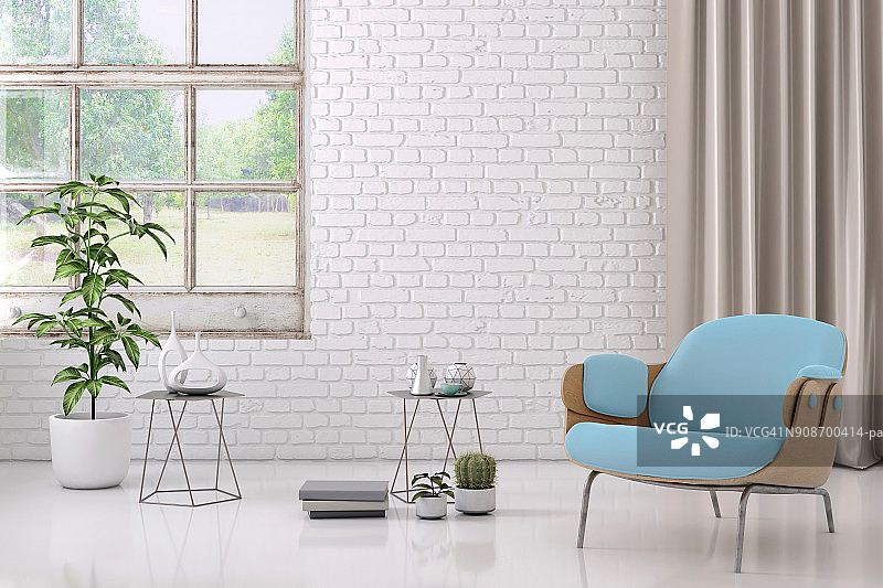蓝色扶手椅、咖啡桌、鲜花和空白墙模板图片素材