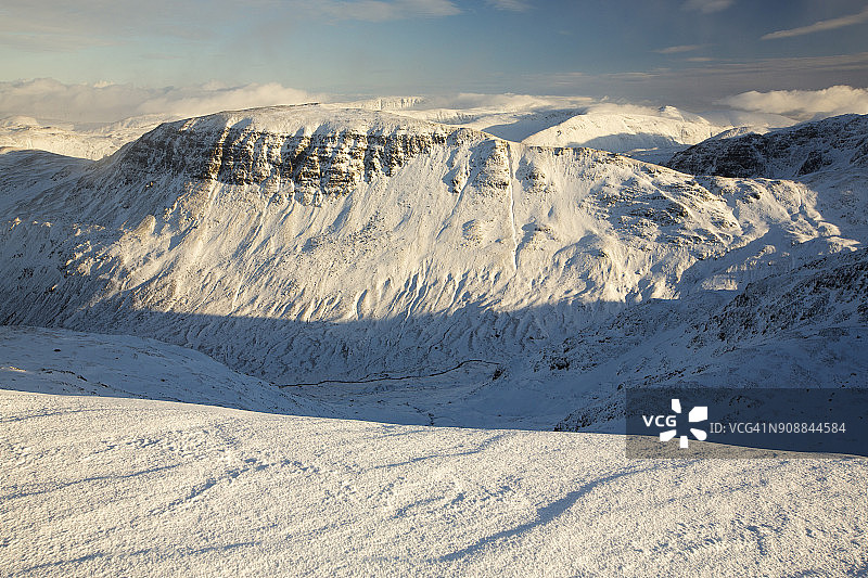 从英国湖区的多利瓦贡派克眺望圣星期日峭壁和商业街图片素材