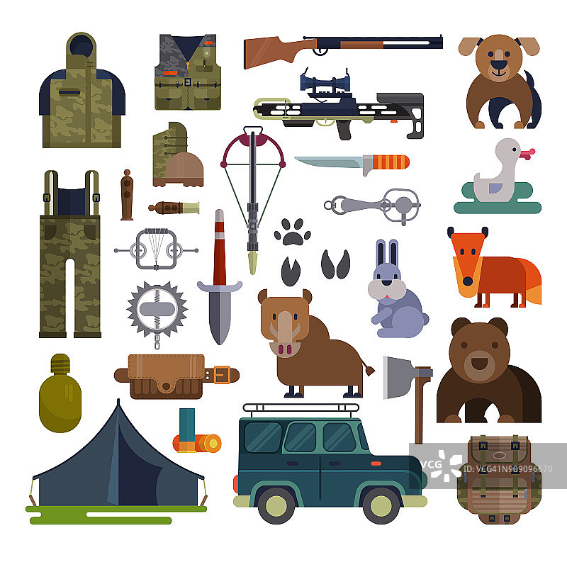 狩猎矢量素材：猎人装备、野营背包和动物插画图片素材