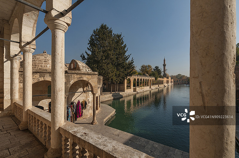 土耳其东南安纳托利亚桑尼乌尔法市带有里兹瓦尼耶清真寺的亚伯拉罕之池图片素材