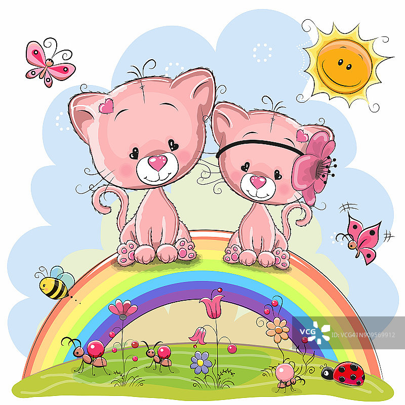 两只粉色小猫坐在彩虹上图片素材