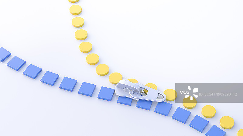 3D插画：拉链、黄色圆圈和蓝色方块图片素材