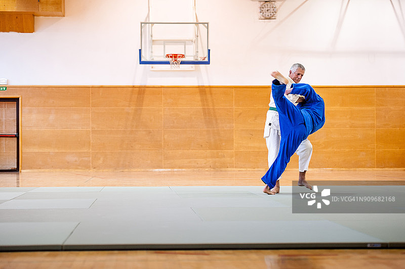 将对手摔倒在地的资深柔道选手图片素材