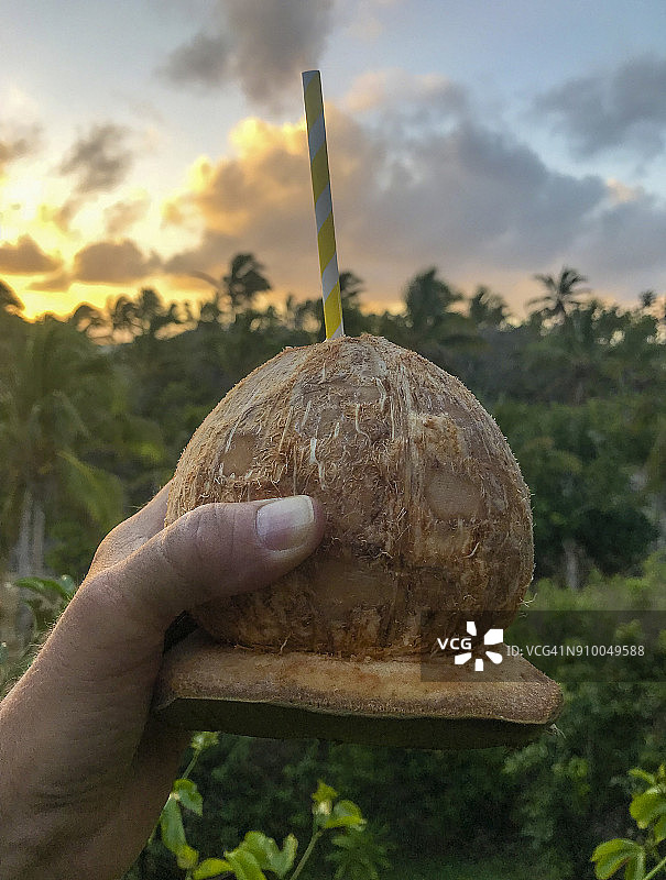 手里拿着一个插着吸管的椰子。图片素材