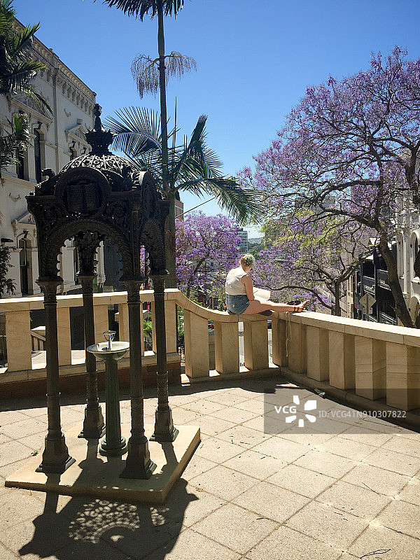澳大利亚悉尼牛津广场：描绘蓝花楹春景的女子图片素材