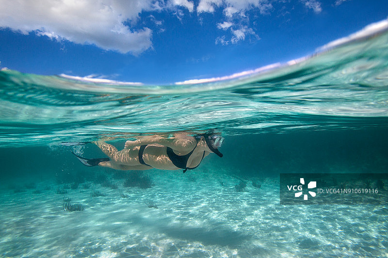 在玛雅里维埃拉女性浮潜者的分割水平镜头图片素材