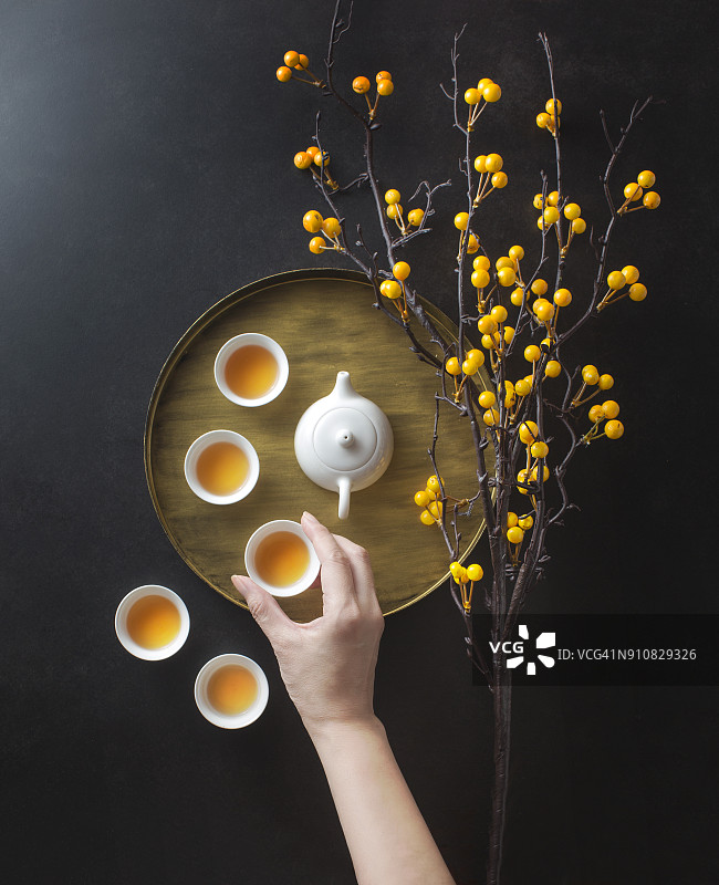 扁平视角：中式下午茶与月饼图片素材